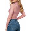 image:imageMANGOPOP Womens Glitter Mesh Top Long Sleeve Sexy See Through Sheer Stretchy Sparkly Going Out TopsCoral
