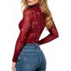 image:imageMANGOPOP Womens Glitter Mesh Top Long Sleeve Sexy See Through Sheer Stretchy Sparkly Going Out TopsRed