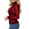 image:imageMANGOPOP Womens Glitter Mesh Top Long Sleeve Sexy See Through Sheer Stretchy Sparkly Going Out TopsRed