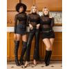 image:imageMANGOPOP Womens Mesh Top Long Sleeve See Through Mock Neck Blouse Sheer Sexy T Shirts Clubwear BodyconBlack