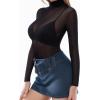 image:imageMANGOPOP Womens Mesh Top Long Sleeve See Through Mock Neck Blouse Sheer Sexy T Shirts Clubwear BodyconBlack