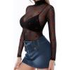 image:imageMANGOPOP Womens Mesh Top Long Sleeve See Through Mock Neck Blouse Sheer Sexy T Shirts Clubwear BodyconVelvet Heart