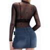 image:imageMANGOPOP Womens Mesh Top Long Sleeve See Through Mock Neck Blouse Sheer Sexy T Shirts Clubwear BodyconVelvet Heart
