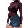 image:imageMANGOPOP Womens Mesh Top Long Sleeve See Through Mock Neck Blouse Sheer Sexy T Shirts Clubwear BodyconVelvet Lips