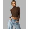 image:imageMANGOPOP Womens Short Sleeve Long Sleeve Sheer Mesh Crop Tops Tee Shirt BlouseCoffee Rhinestone