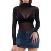 image:imageMANGOPOP Womens Mesh Top Long Sleeve See Through Mock Neck Blouse Sheer Sexy T Shirts Clubwear BodyconBlack