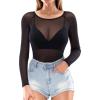 image:imageMANGOPOP Womens Mesh Tops Long Sleeve Sheer T Shirts See Through Blouse Bodycon ClubwearBlack