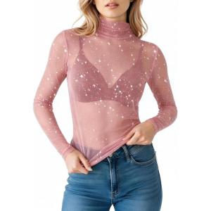 image:imageMANGOPOP Womens Glitter Mesh Top Long Sleeve Sexy See Through Sheer Stretchy Sparkly Going Out TopsCoral