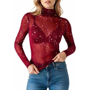 image:imageMANGOPOP Womens Glitter Mesh Top Long Sleeve Sexy See Through Sheer Stretchy Sparkly Going Out TopsRed