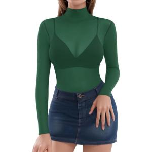 image:imageMANGOPOP Womens Mesh Top Long Sleeve See Through Mock Neck Blouse Sheer Sexy T Shirts Clubwear BodyconDeep Greenturquoise