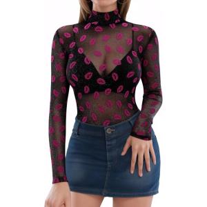 image:imageMANGOPOP Womens Mesh Top Long Sleeve See Through Mock Neck Blouse Sheer Sexy T Shirts Clubwear BodyconVelvet Lips