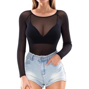 image:imageMANGOPOP Womens Mesh Tops Long Sleeve Sheer T Shirts See Through Blouse Bodycon ClubwearBlack