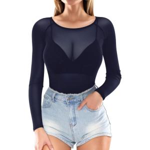 image:imageMANGOPOP Womens Mesh Tops Long Sleeve Sheer T Shirts See Through Blouse Bodycon ClubwearNavy