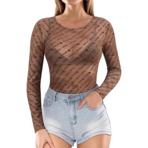 image:imageMANGOPOP Womens Mesh Tops Long Sleeve Sheer T Shirts See Through Blouse Bodycon ClubwearTie Dye