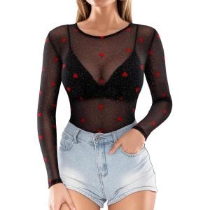 image:imageMANGOPOP Womens Mesh Tops Long Sleeve Sheer T Shirts See Through Blouse Bodycon ClubwearVelvet Heart