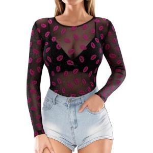 image:imageMANGOPOP Womens Mesh Tops Long Sleeve Sheer T Shirts See Through Blouse Bodycon ClubwearVelvet Lips
