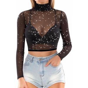 image:imageMANGOPOP Womens Short Sleeve Long Sleeve Sheer Mesh Crop Tops Tee Shirt Blouse1058ssilver