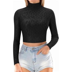 image:imageMANGOPOP Womens Short Sleeve Long Sleeve Sheer Mesh Crop Tops Tee Shirt BlouseBlack Rhinestone