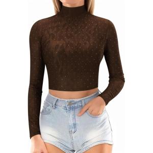image:imageMANGOPOP Womens Short Sleeve Long Sleeve Sheer Mesh Crop Tops Tee Shirt BlouseCoffee Rhinestone