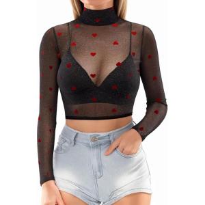 image:imageMANGOPOP Womens Short Sleeve Long Sleeve Sheer Mesh Crop Tops Tee Shirt BlouseVelvet Heart