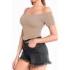image:imageMANGOPOP Off The Shoulder Tops for Women Sexy Short Sleeve T Shirt Tops Slim FittedC16 Mocha