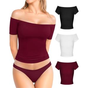 image:imageMANGOPOP Off The Shoulder Tops for Women Sexy Short Sleeve T Shirt Tops Slim FittedC18 Black White Burgundy
