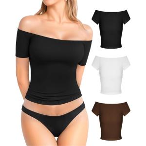 image:imageMANGOPOP Off The Shoulder Tops for Women Sexy Short Sleeve T Shirt Tops Slim FittedC19 Black White Coffee