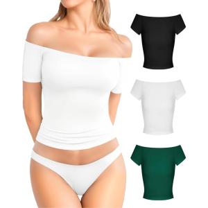 image:imageMANGOPOP Off The Shoulder Tops for Women Sexy Short Sleeve T Shirt Tops Slim FittedC20 Black White Deep Green