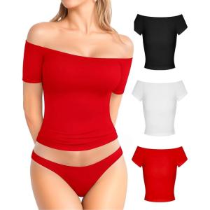 image:imageMANGOPOP Off The Shoulder Tops for Women Sexy Short Sleeve T Shirt Tops Slim FittedC20 Black White Red
