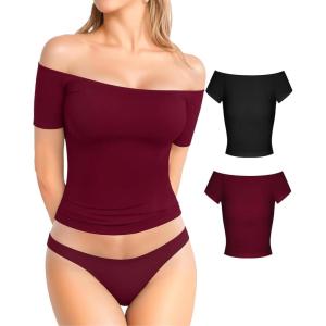 image:imageMANGOPOP Off The Shoulder Tops for Women Sexy Short Sleeve T Shirt Tops Slim FittedC21 Black Burgundy