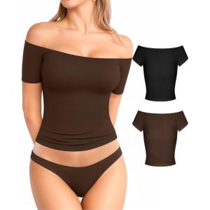 image:imageMANGOPOP Off The Shoulder Tops for Women Sexy Short Sleeve T Shirt Tops Slim FittedC21 Black Coffee