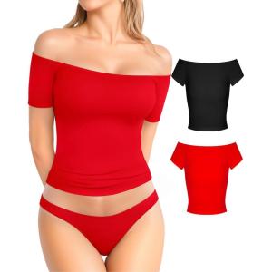 image:imageMANGOPOP Off The Shoulder Tops for Women Sexy Short Sleeve T Shirt Tops Slim FittedC21 Black Red
