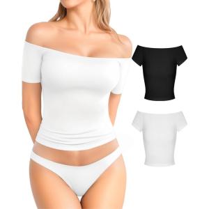 image:imageMANGOPOP Off The Shoulder Tops for Women Sexy Short Sleeve T Shirt Tops Slim FittedC21 Black White