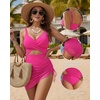 image:imageMANGOPOP Women One Piece Swimsuit V Neck Cut Out Tummy Control Swim Suits Sheer Mesh Bathing Suit Drawstring SwimwearPink