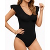 image:imageMANGOPOP Womens Deep V Neck Ruffle Sleeveless Body Suits Tank Top Bodysuit Going Out Sexy Fitted Summer Trendy OutfitsA01 Black