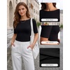 image:imageMANGOPOP Womens Half Sleeve Boat Neck Top Mid Elbow 34 Sleeve T Shirts Going Out Casual Trendy 2026Black