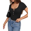 image:imageMANGOPOP Womens Henley Shirt Scoop Neck Button Down Ribbed Bodysuits Sleeveless Tank Tops Body SuitA01short Sleeve Black
