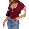 image:imageMANGOPOP Womens Henley Shirt Scoop Neck Button Down Ribbed Bodysuits Sleeveless Tank Tops Body SuitAshort Sleeve Burgundy