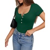 image:imageMANGOPOP Womens Henley Shirt Scoop Neck Button Down Ribbed Bodysuits Sleeveless Tank Tops Body SuitAshort Sleeve Deep Green