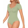 image:imageMANGOPOP Womens Henley Shirt Scoop Neck Button Down Ribbed Bodysuits Sleeveless Tank Tops Body SuitAshort Sleeve Fern Green