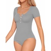 image:imageMANGOPOP Womens Henley Shirt Scoop Neck Button Down Ribbed Bodysuits Sleeveless Tank Tops Body SuitAshort Sleeve Grey