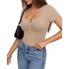 image:imageMANGOPOP Womens Henley Shirt Scoop Neck Button Down Ribbed Bodysuits Sleeveless Tank Tops Body SuitAshort Sleeve Light Camel