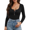 image:imageMANGOPOP Womens Henley Shirt Scoop Neck Button Down Ribbed Bodysuits Sleeveless Tank Tops Body SuitB01long Sleeve Black