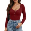 image:imageMANGOPOP Womens Henley Shirt Scoop Neck Button Down Ribbed Bodysuits Sleeveless Tank Tops Body SuitBlong Sleeve Burgundy