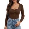 image:imageMANGOPOP Womens Henley Shirt Scoop Neck Button Down Ribbed Bodysuits Sleeveless Tank Tops Body SuitBlong Sleeve Coffee