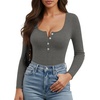 image:imageMANGOPOP Womens Henley Shirt Scoop Neck Button Down Ribbed Bodysuits Sleeveless Tank Tops Body SuitBlong Sleeve Grey