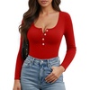 image:imageMANGOPOP Womens Henley Shirt Scoop Neck Button Down Ribbed Bodysuits Sleeveless Tank Tops Body SuitBlong Sleeve Red