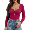 image:imageMANGOPOP Womens Henley Shirt Scoop Neck Button Down Ribbed Bodysuits Sleeveless Tank Tops Body SuitBlong Sleeve Rose Pink