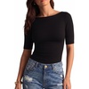 image:imageMANGOPOP Womens Half Sleeve Boat Neck Top Mid Elbow 34 Sleeve T Shirts Going Out Casual Trendy 2026Black