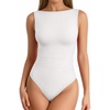 image:imageMANGOPOP Womens Tank Top Mesh Ruched Bodysuit Boat Neck Double Lined Sleeveless Thong Body Suit Going Out Summer Tops02 White